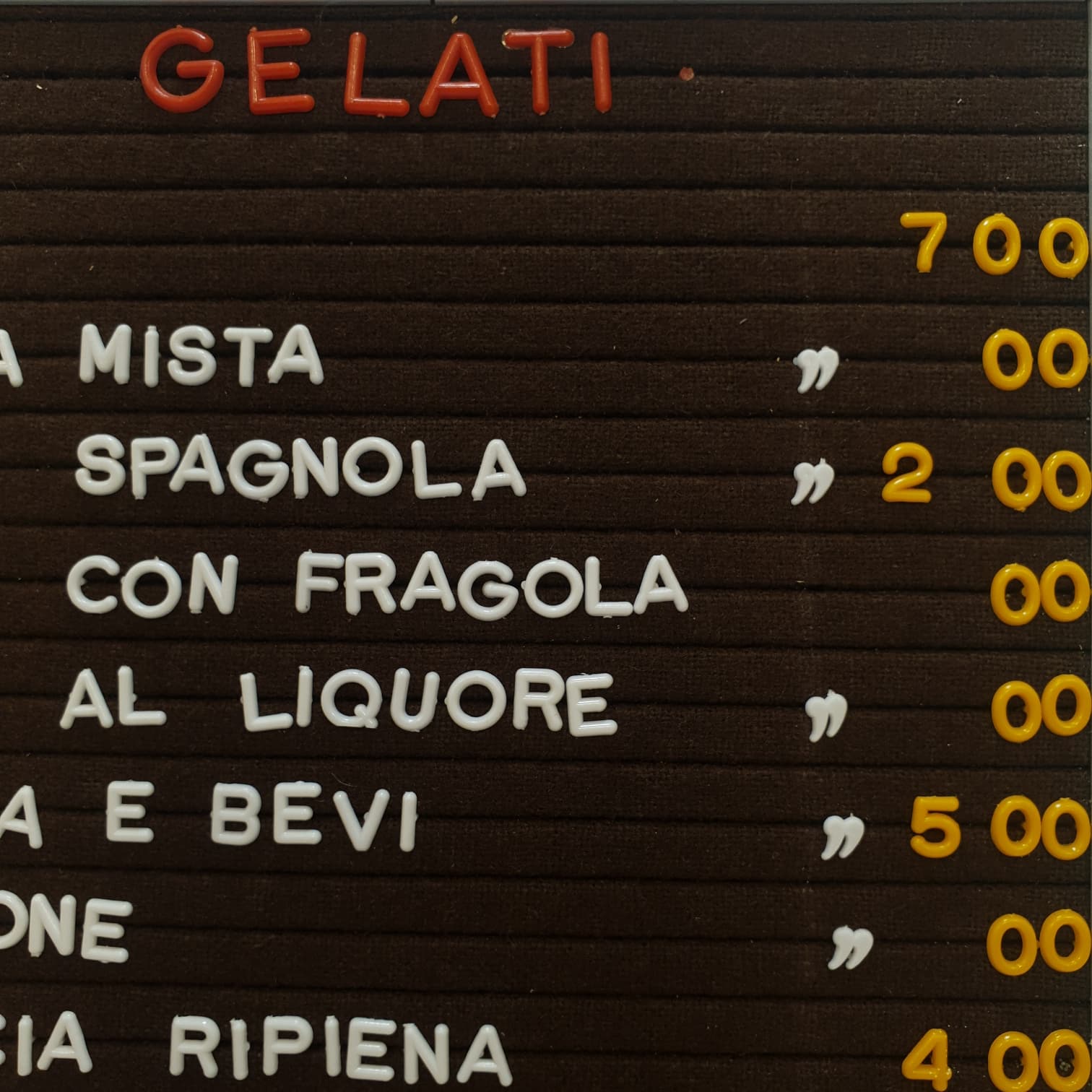 "Gelati" Prezzario Bar